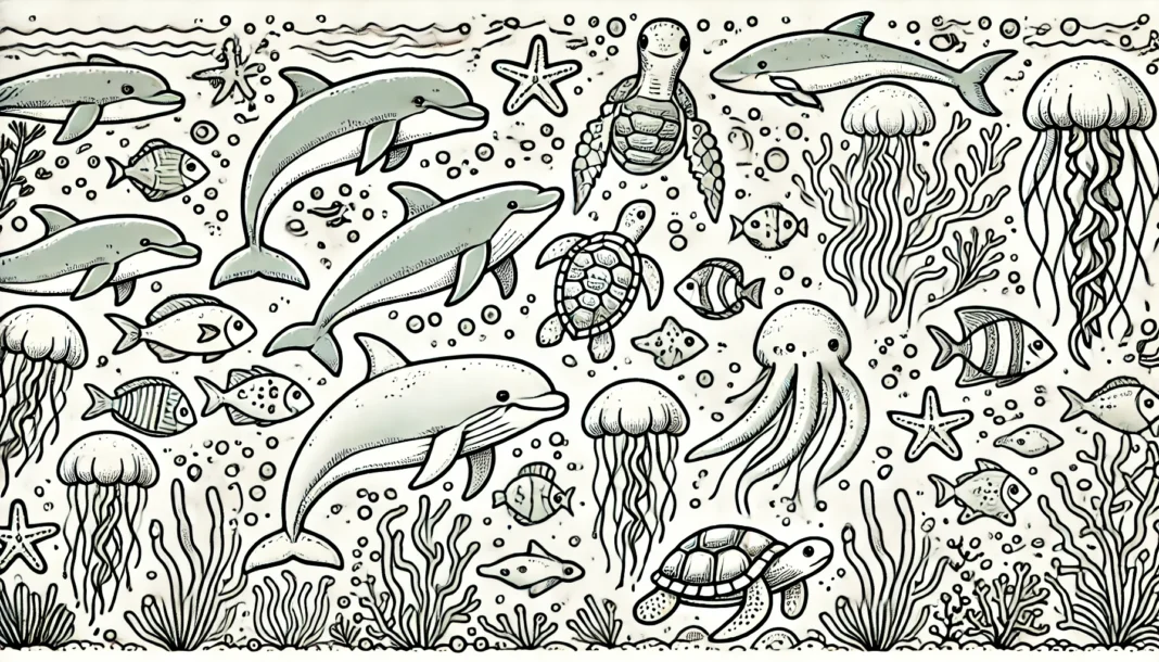 DALL·E 2024-10-19 13.17.11 - A hand-drawn line art sketch in a 16_9 format, themed around marine animals. The drawing includes sea creatures like dolphins, turtles, sharks, jellyf